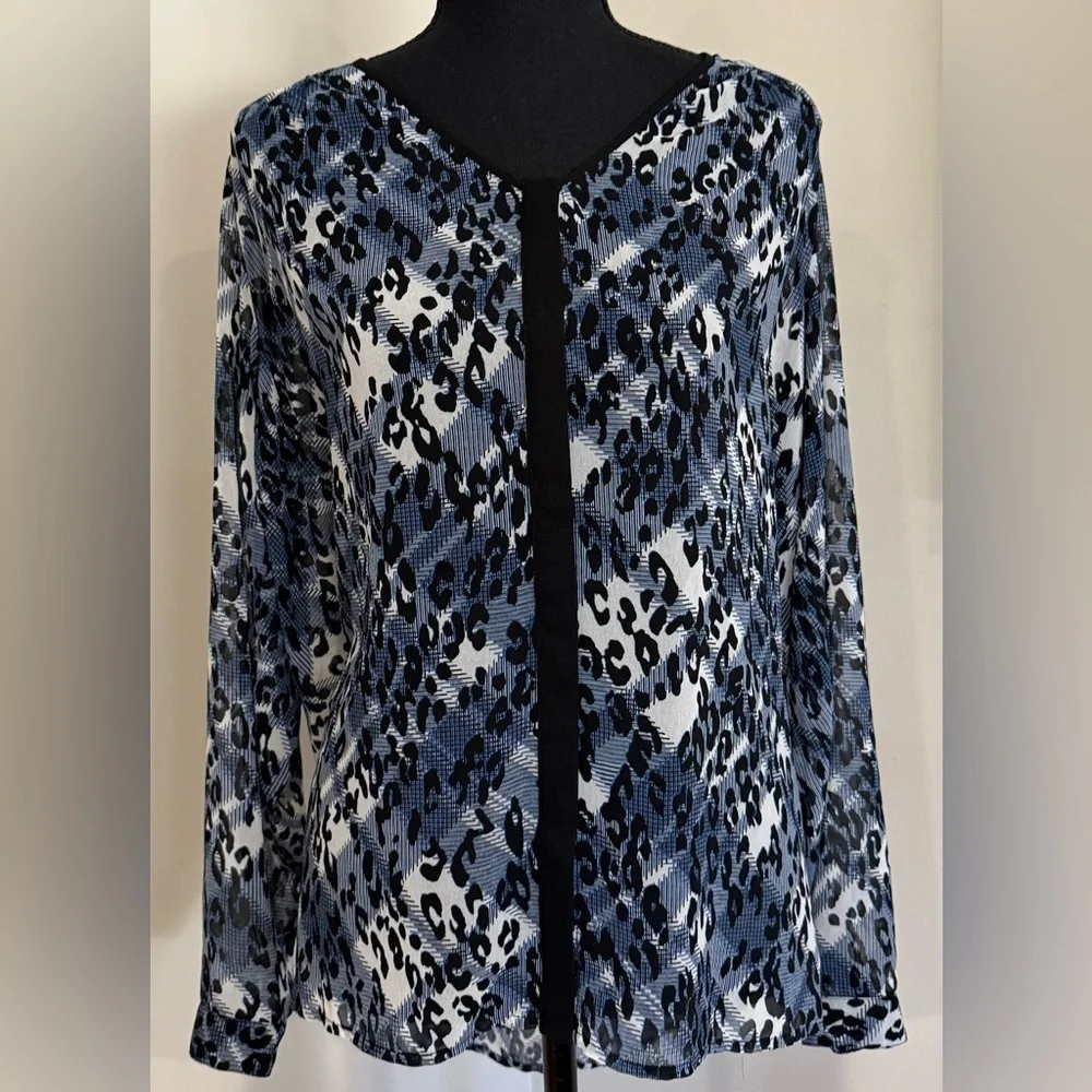 CAbi Fatale Blue and Black Leopard Print Sheer Blouse